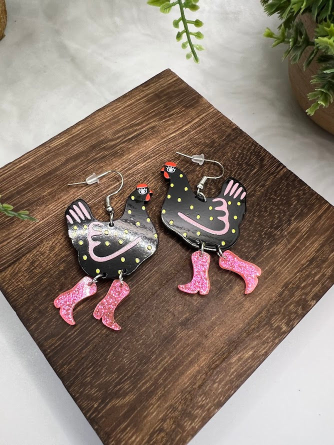 Hilarious Chicken Wearing Boots Earrings- 6 Colors Available