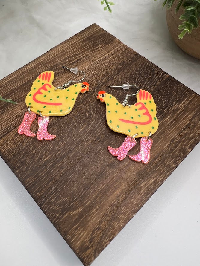 Hilarious Chicken Wearing Boots Earrings- 6 Colors Available