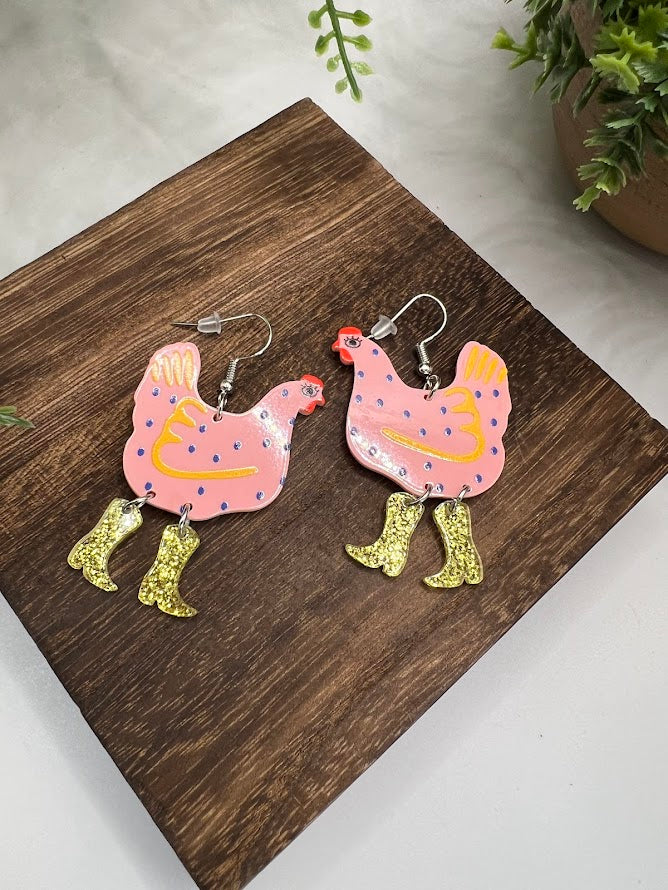 Hilarious Chicken Wearing Boots Earrings- 6 Colors Available