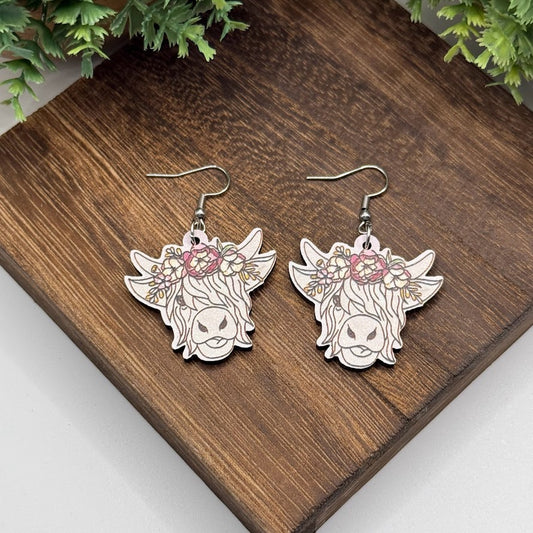 Adorable Highland Cow Wooden Earrings