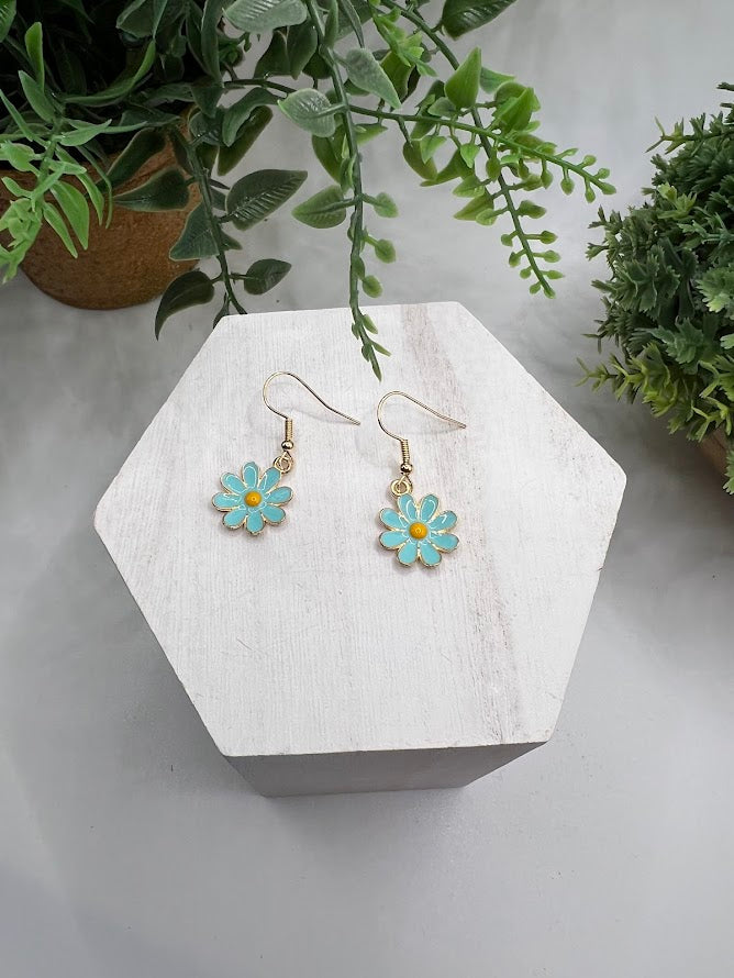 Playful Blue Daisy Earrings With Gold Accents