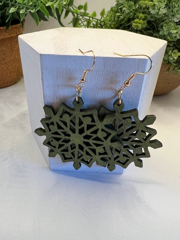 Lightweight Green Snowflake Wood Earrings