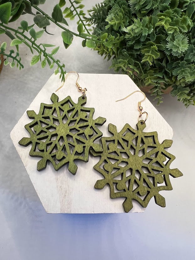 Lightweight Green Snowflake Wood Earrings