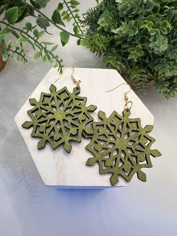 Lightweight Green Snowflake Wood Earrings