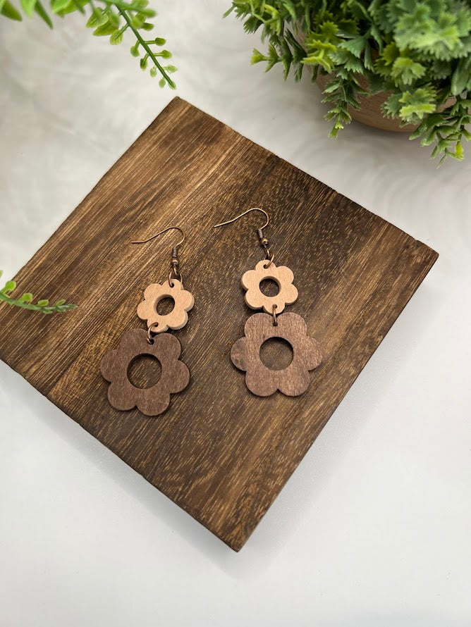 Retro Flower Power Neutral Lightweight Wooden Earrings