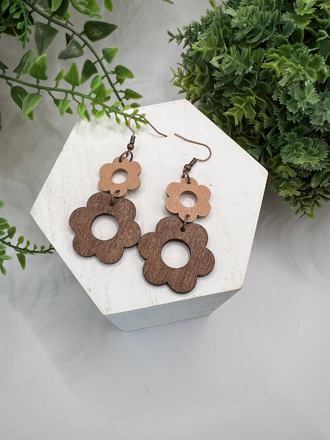 Retro Flower Power Neutral Lightweight Wooden Earrings