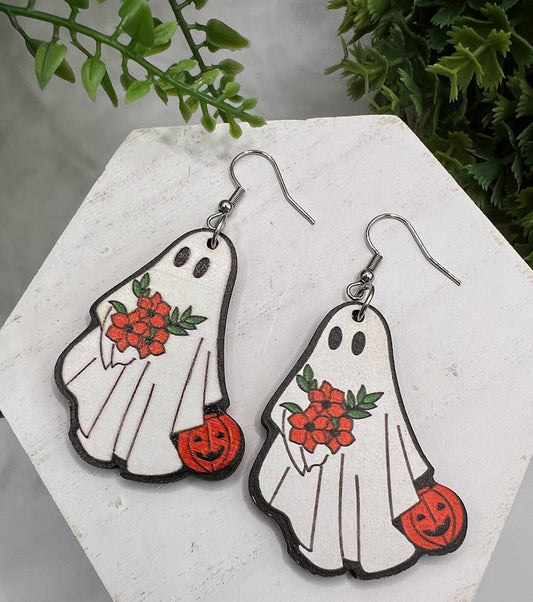 Adorable Ghost Halloween Wooden Earrings