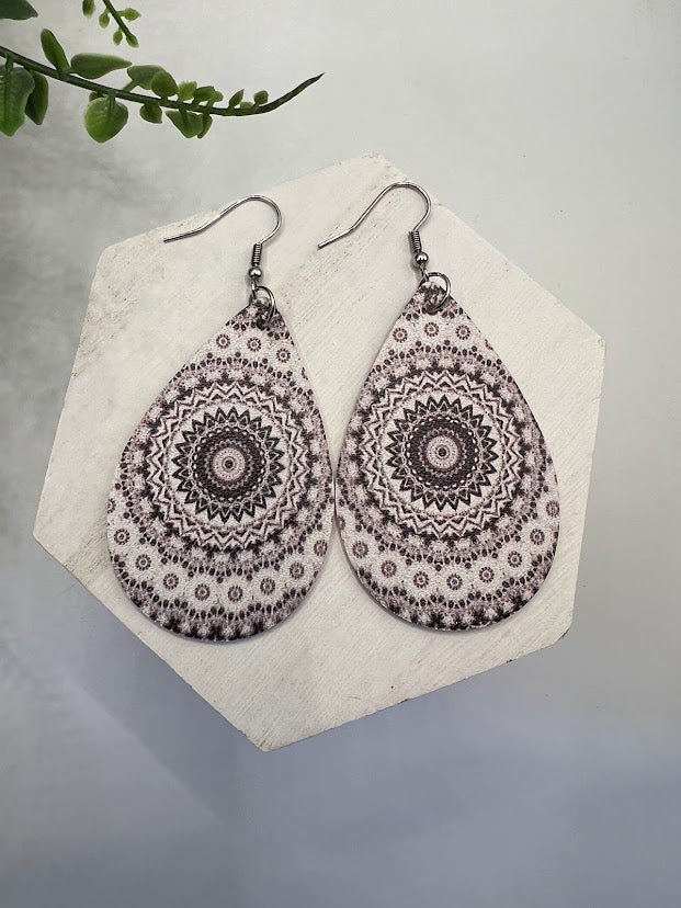 Grey Tribal Design Leatherette Teardrop Earrings