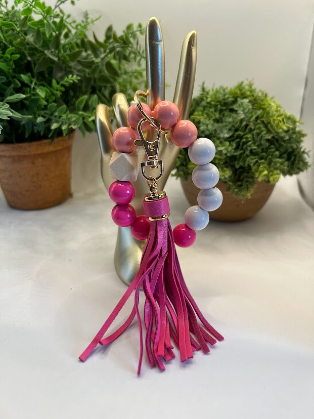 Simply Pink Hot Pink Beaded And Tassel Key Ring