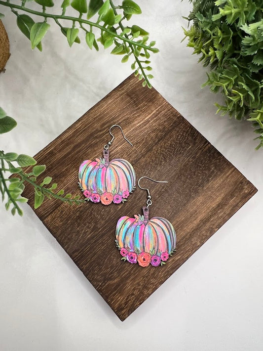 Neon Flair Pumpkin Earrings With Flowers
