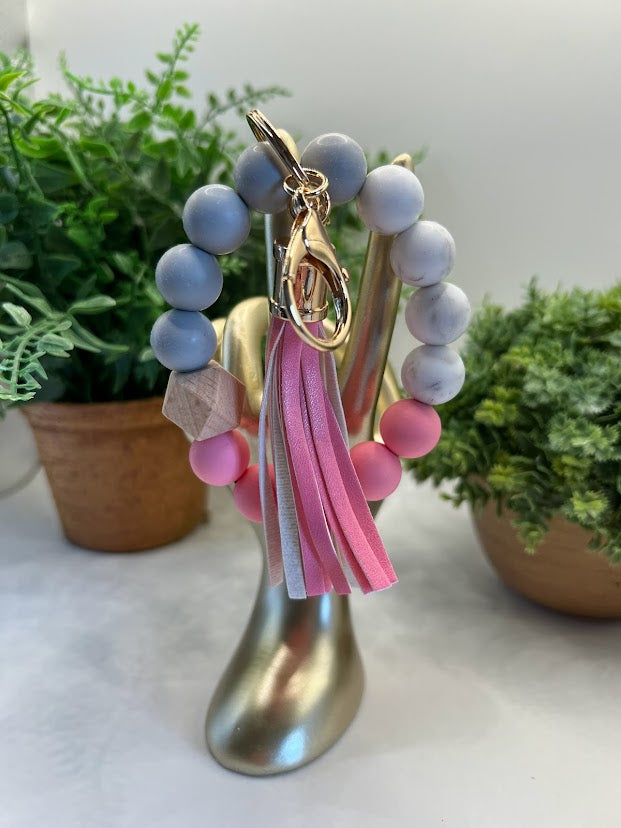 Pink And Grey Granite Bracelet Bead And Tassel Keychain