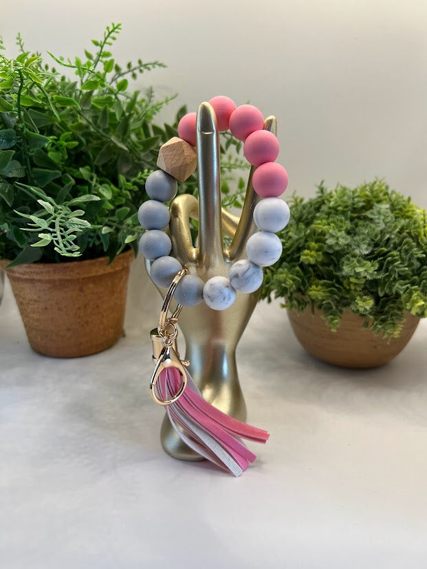 Pink And Grey Granite Bracelet Bead And Tassel Keychain