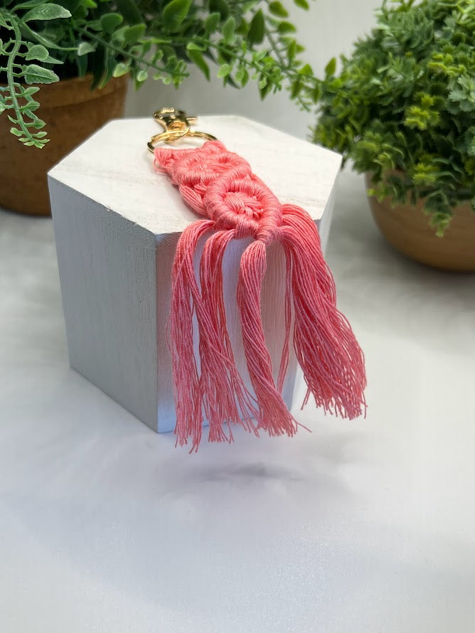 Vibrant Coral Pink Macramé Keychain