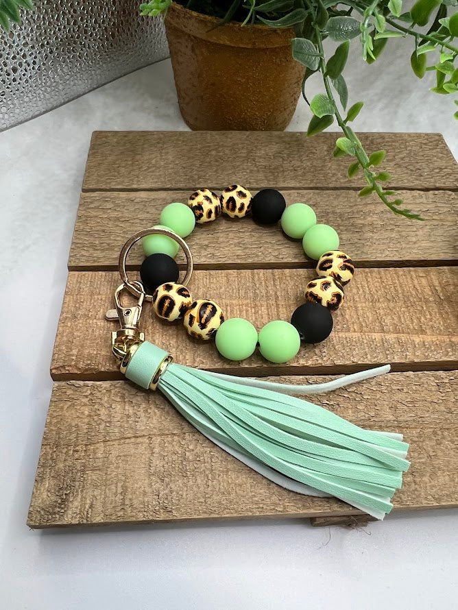 Rawr! Playful Leopard Print Silicone Bead and Tassel Keychain Bracelet - 7 Colors Available