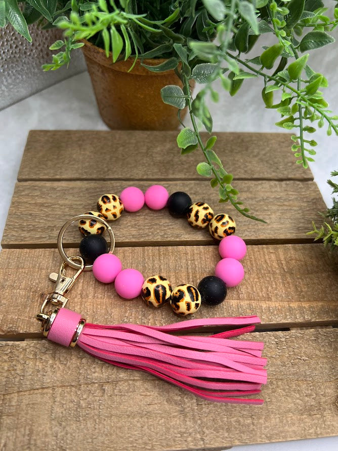 Rawr! Playful Leopard Print Silicone Bead and Tassel Keychain Bracelet - 7 Colors Available