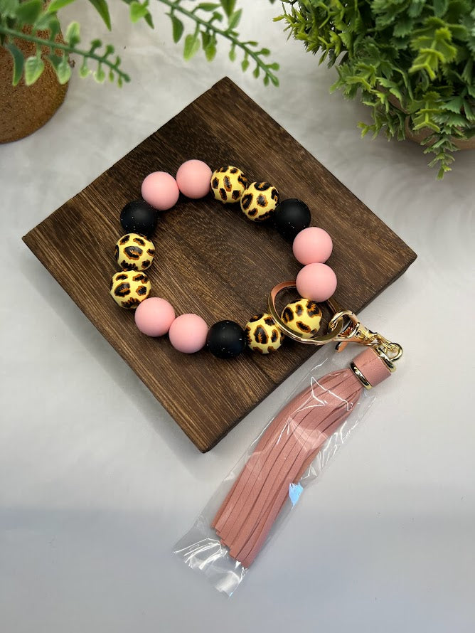 Rawr! Playful Leopard Print Silicone Bead and Tassel Keychain Bracelet - 7 Colors Available