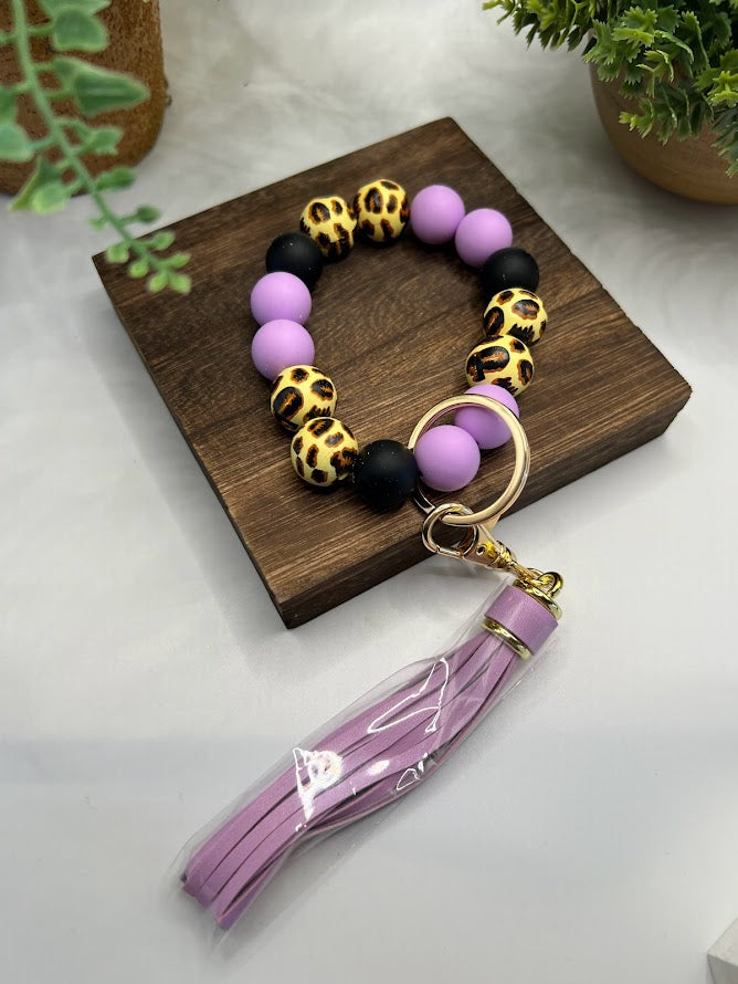 Rawr! Playful Leopard Print Silicone Bead and Tassel Keychain Bracelet - 7 Colors Available