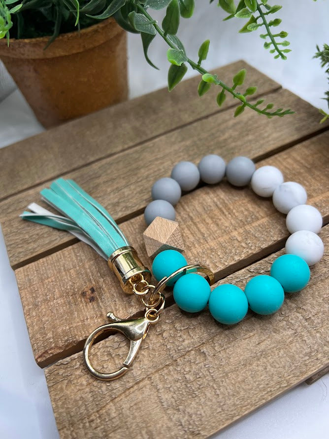 Stylish Teal, Gray and Granite Silicone Beads Keychain Bracelet with Tassel