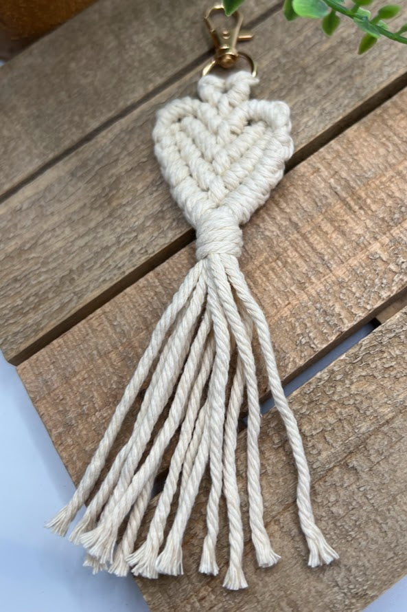 Boho White Heart Macramé Keychain